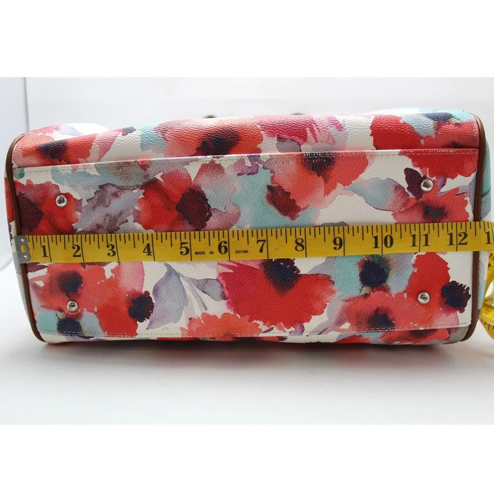 Lauren Ralph Lauren Floral Watercolor Satchel Bag‎ Brown Leather Trim Red Blue